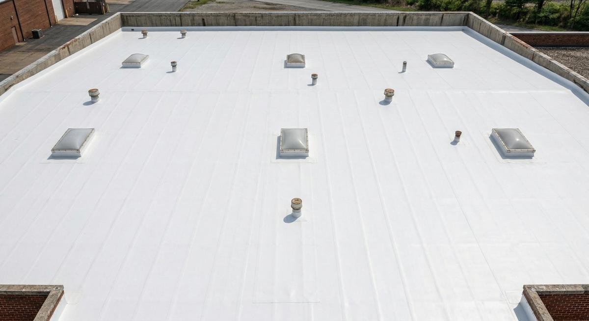 Restored metal roof with seamless white coating